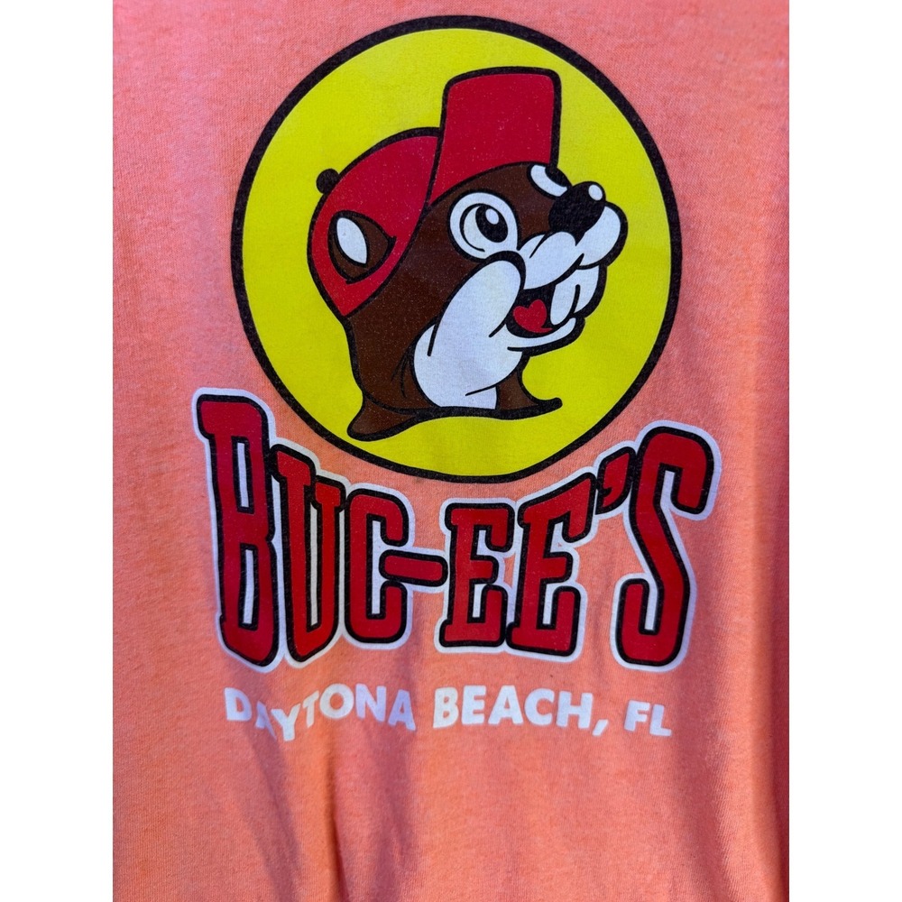Buc-ees Daytona Beach FL T Shirt Mens Large L Beaver Logo Peach Heather USA Made